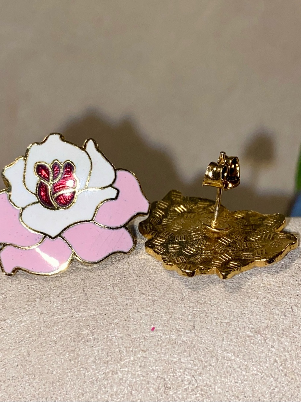Gold Pink and White Enamel Flower Cloisonné Earrings